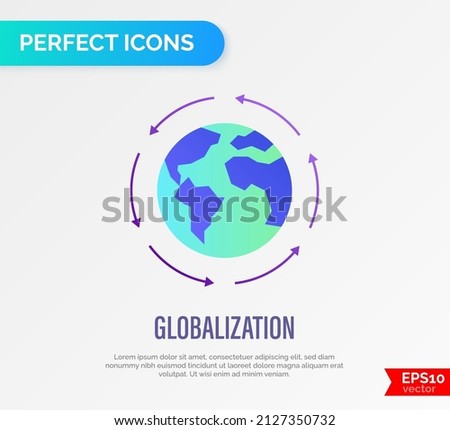 Globalization, arrows around the planet. Gradient flat icon. International business, worldwide distribution, logistic transportation. Overconsumption. Vector illustration.