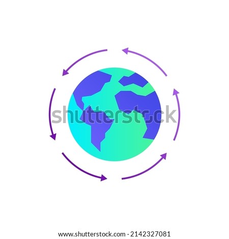 Globalization, arrows around the planet. Gradient flat icon. International business, worldwide distribution, logistic transportation. Overconsumption. Vector illustration.