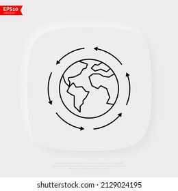 Globalization, arrows around the planet. Thin line icon. International business, worldwide distribution, logistic transportation. Overconsumption. Vector illustration.