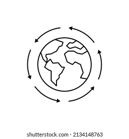 Globalization, arrows around the planet. Thin line icon. International business, worldwide distribution, logistic transportation. Overconsumption. Vector illustration.