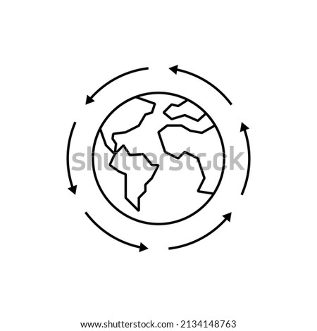 Globalization, arrows around the planet. Thin line icon. International business, worldwide distribution, logistic transportation. Overconsumption. Vector illustration.