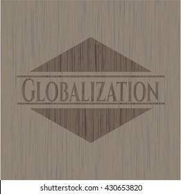 Insignia de globalización con fondo de madera