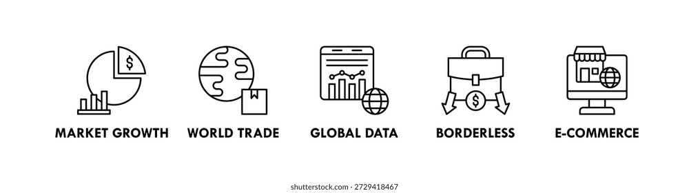 Globalization banner web icon illustration concept with icon of market growth, global data, borderless, and e-commerce