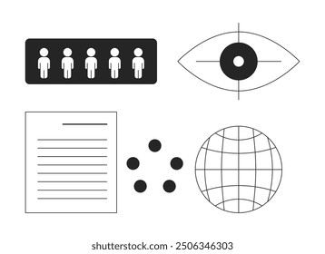 Globalization biometrics black and white 2D line objects set. Population citizens, planet wireframe isolated vector outline items collection. Demography monitor monochromatic flat spot illustrations