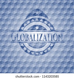 Globalization blue emblem or badge with abstract geometric pattern background.