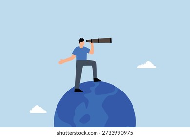 Globalisierung, Geschäftsmann auf dem Globus, Planet Erde mit Teleskop, um Vision für zukünftige Möglichkeiten zu sehen
