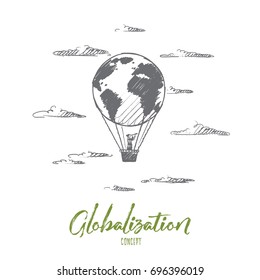 Globalization concept. Hand drawn flying balloon with man. Balloon in the form of the globe isolated vector illustration.