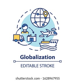 Globalization Concept Icon. International Economy. Global Distribution. Market Expansion. Worldwide Commerce Idea Thin Line Illustration. Vector Isolated Outline RGB Color Drawing. Editable Stroke