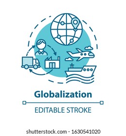 Globalization Concept Icon. International Economy. Global Distribution. Market Expansion. Worldwide Commerce Idea Thin Line Illustration. Vector Isolated Outline RGB Color Drawing. Editable Stroke