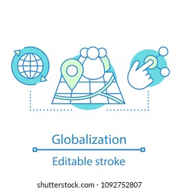 Globalization concept icon. International interaction idea thin line illustration. Network connection. Worldwide communication. Vector isolated outline drawing. Editable stroke