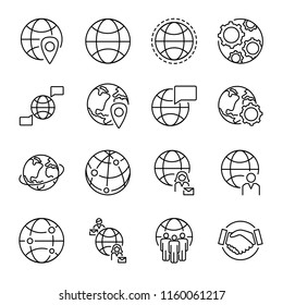 Globalization concept icons collection with various globe shapes and people connection symbols. Monoline black isolated vector icons set. Multicultural world wide people communication and cooperation.