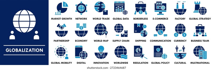 Conjunto de coleta de ícone duotônico de globalização. Contendo design global, negócios, mundo, tecnologia, terra,