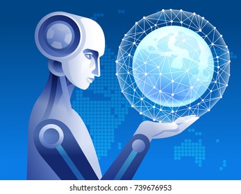Globalization era. Globe in the robotic hand. Concept robot and automation vector illustration.