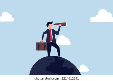 Globalization, global business vision. smart businessman standing on globe, planet earth using telescope to see vision or future opportunity.