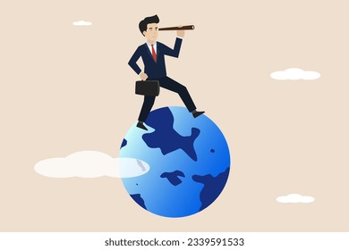 Globalization, global business vision, world economy, smart businessman standing in the world, smart businessman using telescope to see future vision or opportunity.