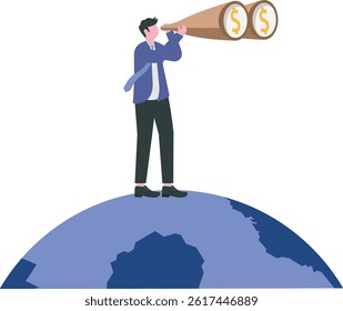 Globalization, global business vision, world economics or business opportunity concept, smart businessman standing on globe, planet earth using telescope to see vision or future opportunity.

