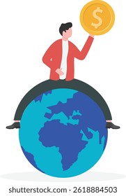 Globalização, visão de negócios global, economia mundial ou conceito de oportunidade de negócios, empresário inteligente de pé no globo,

