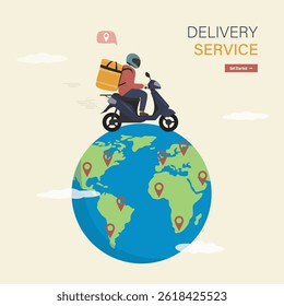 Globalização, serviço de entrega global. Correio masculino ou entregador dirigir motocicleta com pacote. Transporte rápido. Em todo o mundo, transporte expresso, conceito logístico. Ilustração de vetor plano
