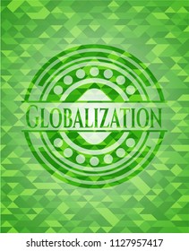 Globalization green emblem with triangle mosaic background