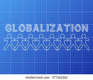 Globalization hand drawn text and cut out paper people chain on blueprint background