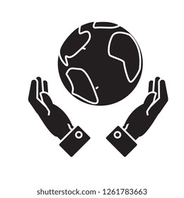 Globalization in hands black vector concept icon. Globalization in hands flat illustration, sign
