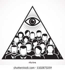 Globalization. Hidden people management. New world order. Illuminati symbol. Eye of Providence. Masonic symbol. All seeing eye inside triangle pyramid. New World Order. Crowd of people on white back