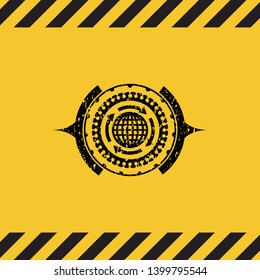 globalization icon black grunge emblem inside yellow warning sign. Vector Illustration. Detailed.