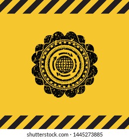 globalization icon black grunge emblem with yellow background. Vector Illustration. Detailed.