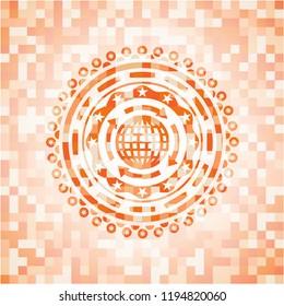 globalization icon inside abstract emblem, orange mosaic background