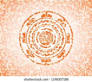 globalization icon inside abstract emblem, orange mosaic background