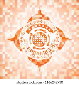globalization icon inside abstract orange mosaic emblem with background