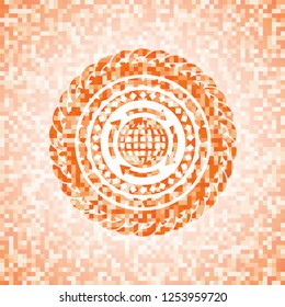 globalization icon inside abstract orange mosaic emblem