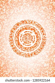 globalization icon inside abstract orange mosaic emblem with background