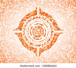 globalization icon inside abstract orange mosaic emblem with background