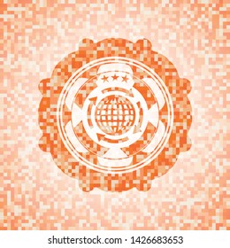 globalization icon inside abstract orange mosaic emblem with background