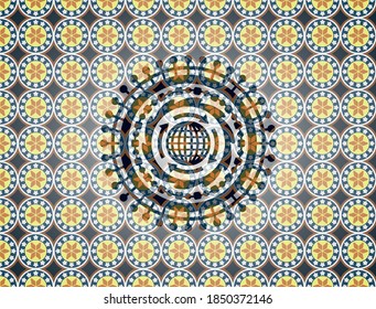 globalization icon inside arabic badge background. Arabesque decoration. 