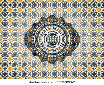 globalization icon inside arabic emblem background. Arabesque decoration.