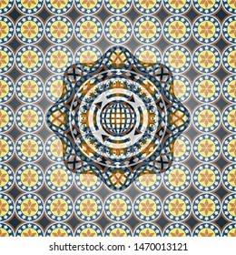 globalization icon inside arabic emblem. Arabesque decoration.
