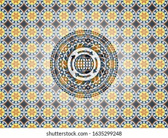 globalization icon inside arabic emblem background. Arabesque decoration.
