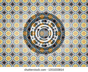 globalization icon inside arabic style emblem. Arabesque decoration.