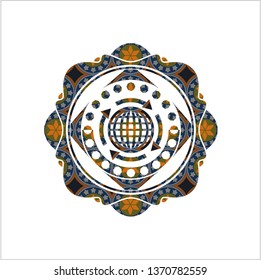 globalization icon inside arabic style emblem. Arabesque decoration.
