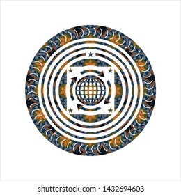 globalization icon inside arabic style emblem. Arabesque decoration.