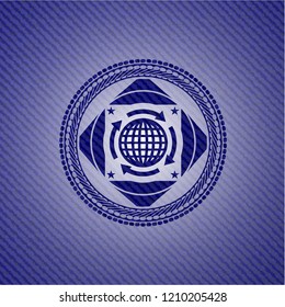 globalization icon inside badge with denim background