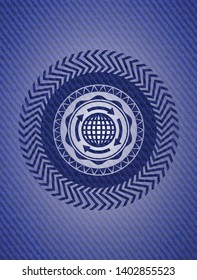 globalization icon inside badge with denim background