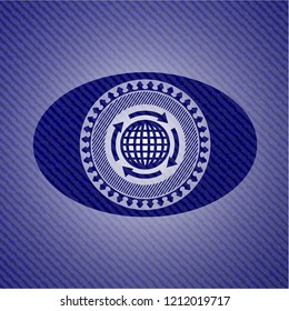 globalization icon inside badge with jean texture