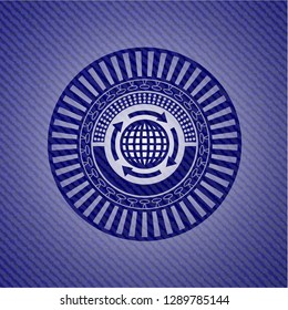 globalization icon inside badge with jean texture
