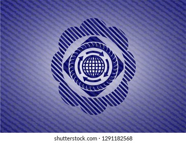 globalization icon inside badge with jean texture
