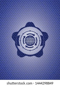 globalization icon inside badge with jean texture