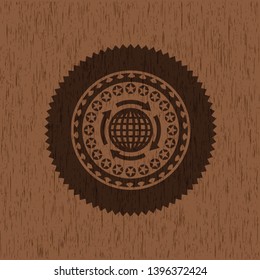 globalization icon inside badge with wooden background