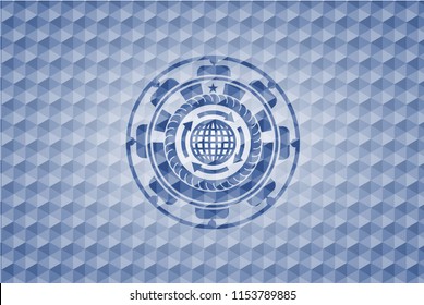 globalization icon inside blue badge with geometric background.